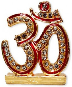 FABZONE Gold Plated With Stones OM Sign Car Dashboard Idol Statue OM Symbol Spritual Puja Vastu Figurine - Religious Pooja Gift Item & Murti for Mandir / Temple / Home Decor / office Decorative Showpiece  -  4 cm(Brass, Red)
