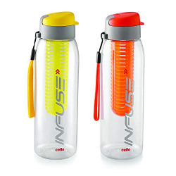 Cello Infuse Plastic Water Bottle Set, 800ml, Set of 2, Yellow/Orange