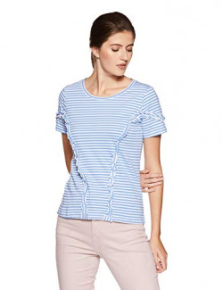 Amazon Brand - Symbol Women's Striped Loose Fit T-Shirt (WTST07-White & Blue-M)