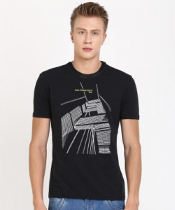 Denizen Printed Men Round Neck Black T-Shirt