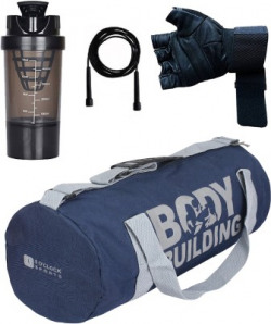 5 O'Clock Sports Combo Of Leather Blue Body Building Gym Bag, Black glove, skipping rope,700ml shaker Gym & Fitness Kit Gym & Fitness Kit