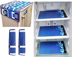 Luxton Home Combo of 1 Fridge Top Cover, 2 Handle Cover and 3 Fridge Mats (Blue and White)
