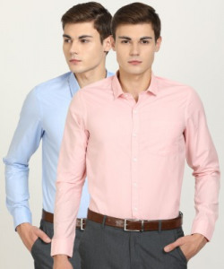 EX Men Solid Formal Blue, Pink Shirt(Pack of 2)