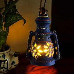 ExclusiveLane 8 Inch Terracotta Balcony Hanging Lamp Cum Table Lantern (14.4 cm x 10.9 cmx 22.8 cm, Blue)
