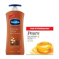 Vaseline Intensive Care Cocoa Glow Body Lotion, 400 ml with Pears Pure and Gentle Bathing Bar, 125 g (Pack of 8)