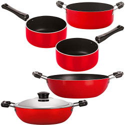 Nirlon Non-Stick Gas Compatible Superior Quality 5 Piece Cookware Essential Combo Set Offer with Red and Black Color