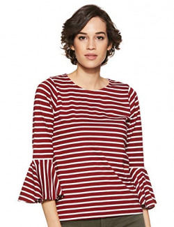 Miss Olive Women's Striped Regular fit Top (MOSS19TP30-24-139_Maroon and White L)