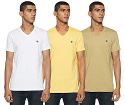 Amazon Brand - Symbol Men's Plain Regular Fit T-Shirt (Pack of 3)(AW18PLMPO3V3_White, Sand Boa & Yellow_S)