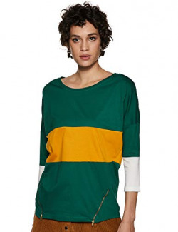 Amazon Brand - Symbol Women's Loose Fit T-Shirt (SYM/TS0002 - OP1_Green & Mustard_S)