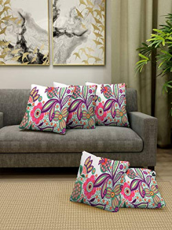 Aurome - Soft Jute, Cushion Covers (16 x 16 inches), Set of 5 - (Floral & Leafy Print, Multi Color)