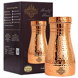 Indian Art Villa Hammered Finish Bedroom Copper Bottle with Inbuilt Glass, Drink Ware, Modern Design,1100 ML