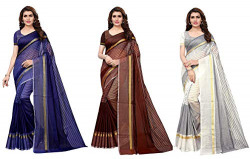 GoSriKi Synthetic Saree with Blouse Piece (Pack of 3) (TS-03-BLUE-BROWN-WHITE_Multicolor_Free Size)