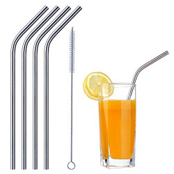 EAYIRA Reusable Stainless Steel Drinking Straws (4 Bend Straws, 1 Brush)