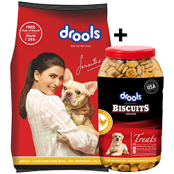 Drools Chicken and Egg Adult Dog Food, 3 kg with Free 900 gm Biscuits