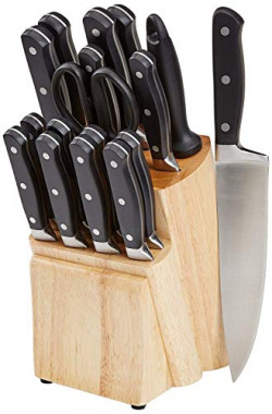 AmazonBasics Premium Stainless Steel Knife Set with Block, 18-Pieces (17 Knives and 1 Wooden Block), Black