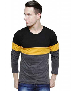 Cenizas Men's Full Sleeves Solid Stripes Round Neck Tshirt/T-Shirt Black Grey