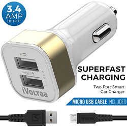 iVoltaa 3.4A Dual Port Car Charger with Micro USB Cable - White