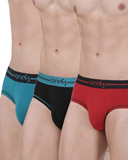 one8 by Virat Kohli Men's Solid Brief (Pack of 3) (203P1_Brick Red/Navy/Sea Green_Small)