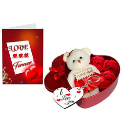 Sky Trends Unique Valentine day gift for Wife | Special Valentine's day gift for Lover | Valentine's day gift for Lover | Valentine day gift for Wife (Heart shaped Box with Teddy and Roses and Wooden Keychain) and Greeting Card