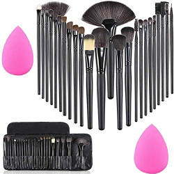 MISS & MAM Professional Wood Make Up Brushes Sets With Leather Storage Pouch - 24 Pc (HANDLE COLOUR MAY VARY) + 2 SPONGE PUFF (COLOUR MAY VARY)