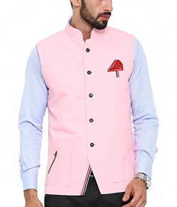 Shaftesbury London Men's Solid Cotton Bandhgala Ethnic Nehru Jacket Waistcoat (Pink,36)