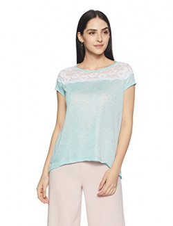 People Women's Lace T-Shirt (P20401096363407_Trop Aqua 14-4816 Tpx and White_M)