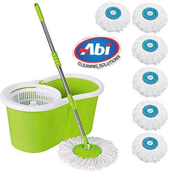 ABI CLEANING SOLUTIONS Mop Floor Cleaner with Bucket Set Offer with Big Wheels for Best 360 Degree Easy Magic Cleaning, Green with 6 Microfiber