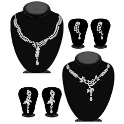 JewelMaze Silver Plated Necklace Sets with White Austrian Stones | Traditional Neck Piece Combo Set of 2 for Women, White