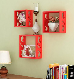 Home Sparkle 3 Cube Wall Shelves Engineered Wood (Red)