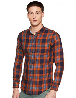 ABOF Men's Checkered Slim fit Casual Shirt (BOA19AMCWSH7134219_Navy/Orange XL)