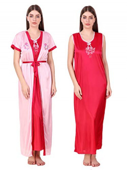 N-Gal Women's Embroidered Lace Bridal Long Nighty with Robe Lingerie 2 Pcs Nightwear Set (Pink, Medium)