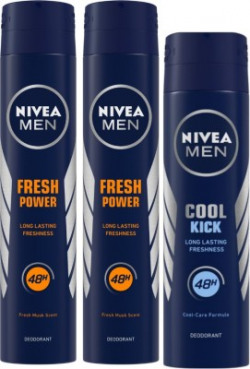 Nivea MEN Deodorant, Fresh Power, 200ml & MEN Deodorant, Cool Kick, 150ml (Pack of 3) Body Spray  -  For Men(550 ml, Pack of 3)