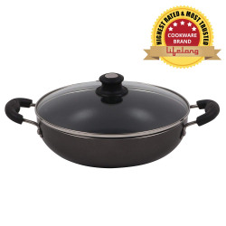 Lifelong Non-Stick 2 litre Kadhai with Glass Lid, 24 cm, Black/Grey (Induction and Gas Compatible)