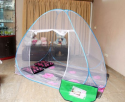 AmazingHind Polyester Adults Double Bed Mosquito Net with colorful Border, White Fabric polyester Foldable Mosquito Net(White)