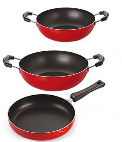 Nirlon Non-Stick Frying Pan and Kadai Combo Set Without Stainless Steel Lid, 2.6mm_FP10_KD10_KD11