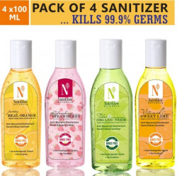 NutriGlow NATURAL'S HAND SANITIZERS COMBO Of 4 Variants /Neem +Orange +Lime+ Strawberry/ Disinfectant/ Protection Against Viruses, Flu, Bacteria/4*100 ml Bottle(4 x 100 ml)