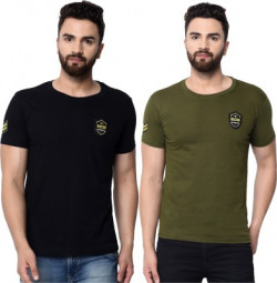 London Hills Solid Men Round Neck Green, Black T-Shirt(Pack of 2)