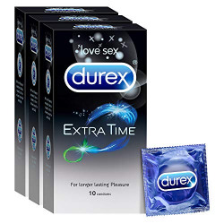 Durex Extra Time Condoms for Men - 10 Count (Pack of 3) | Performa Lubricant for Long Lasting Climax Delay | Suitable for use with lubes & toys