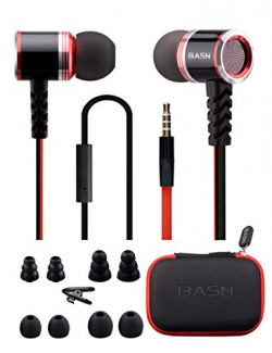 BASN Earbud Headphones with Microphone and Remote Deep Bass Earphones Noise Cancelling Tangle Free Headset for iPhone, Samsung, Xiaomi, Oppo, Vivo (Red)