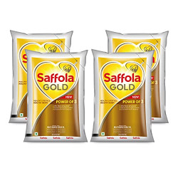 Saffola Gold Refined Cooking oil | Blend of Rice Bran & Sunflower oil | Helps Keeps Heart Healthy | 4 x 1 Litre pouch