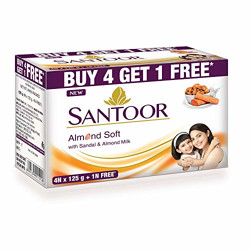 Santoor Sandalwood and Almond milk Organic Soft Bath Soap for Softer, Smoother and Moisturised Skin, Combo Offer 125 g Buy 4 Get 1 Free