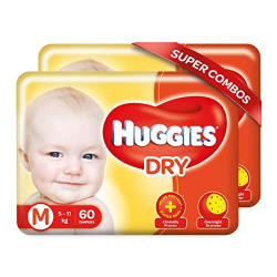 Huggies New Dry Medium (M) Size Diapers Combo Pack of 2, 60 Counts Per Pack (120 Counts)