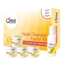 Qraa Haldi Chandan Facial Kit For Cellular De Tanning and Instant Glow- 5 Steps Facial Kit, All Skin Types, Cleansing Milk, Face Scrub, Massage Gel, Face Pack, Face Serum