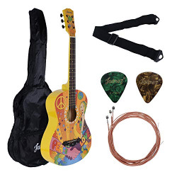 Jurez Acoustic Guitar, 38 Inch Cutaway, JRZ38CT, Hippie Funky Design, with Bag, Picks, Strap & Extra String set