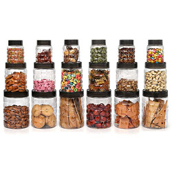 CELLO Checkers Kitchen Storage Container Box Set of 18 Pcs Brown (6x300ml, 6x650ml, 6x1200ml) | Transparent Unbreakable Fridge Safe Stackable Airtight Storage Canister Set For Spices Dry Fruits Grains