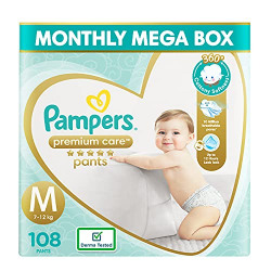 Pampers Premium Care Pants, Medium size baby diapers (M), 108 Count, Softest ever Pampers pants