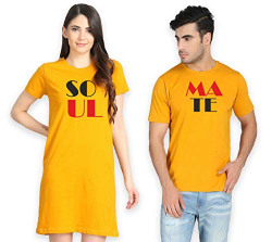 Sleepynuts Couples Cotton Soulmate Printed T-Shirt Dress Combo for Men & Women(Musturd)