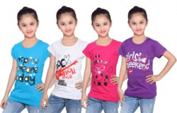 IndiWeaves Girls Printed Cotton Blend T Shirt(Multicolor, Pack of 4)
