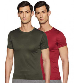 Qube By Fort Collins Men's Solid Regular Fit T-Shirt (Pack of 2) (1534FC_Maroon/Olive L)