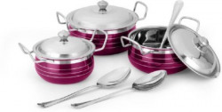 BMS Lifestyle Home & Kitchen Essentials Cooking Serving & Storage Cookware Handi Pots SET OF 9 (3HANDI+3LID+3SPOON) pink Cookware Set(Stainless Steel, 9 - Piece)